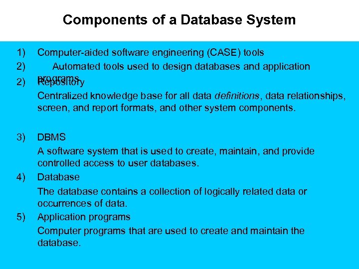 Components of a Database System 1) 2) 2) Computer-aided software engineering (CASE) tools Automated