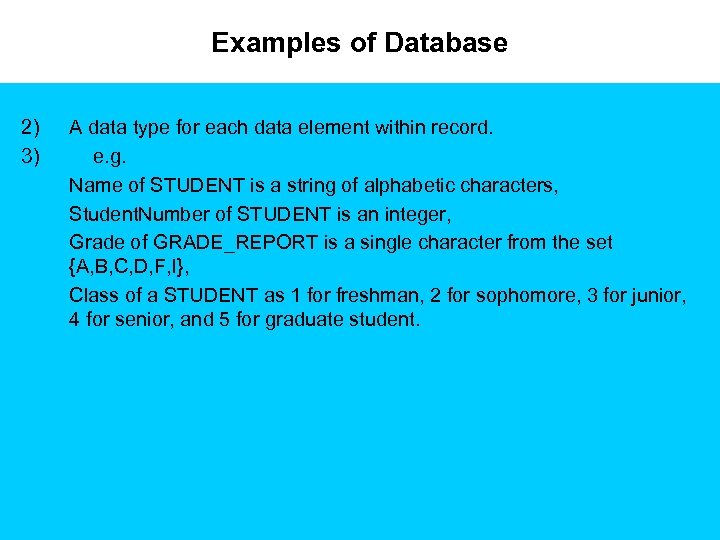 Examples of Database 2) 3) A data type for each data element within record.