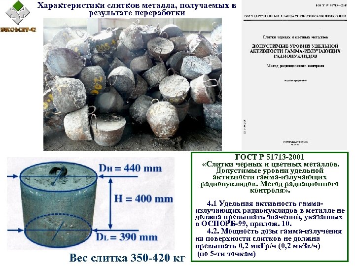 Характеристики слитков металла, получаемых в результате переработки ГОСТ Р 51713 -2001 «Слитки черных и