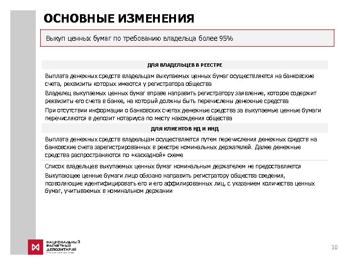ОСНОВНЫЕ ИЗМЕНЕНИЯ Выкуп ценных бумаг по требованию владельца более 95% ДЛЯ ВЛАДЕЛЬЦЕВ В РЕЕСТРЕ