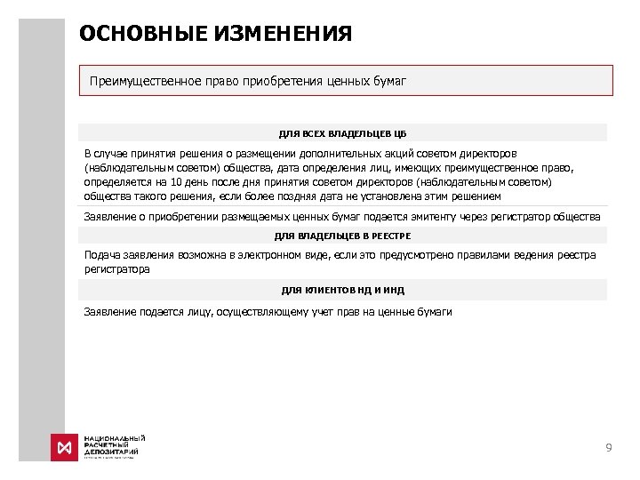 ОСНОВНЫЕ ИЗМЕНЕНИЯ Преимущественное право приобретения ценных бумаг ДЛЯ ВСЕХ ВЛАДЕЛЬЦЕВ ЦБ В случае принятия