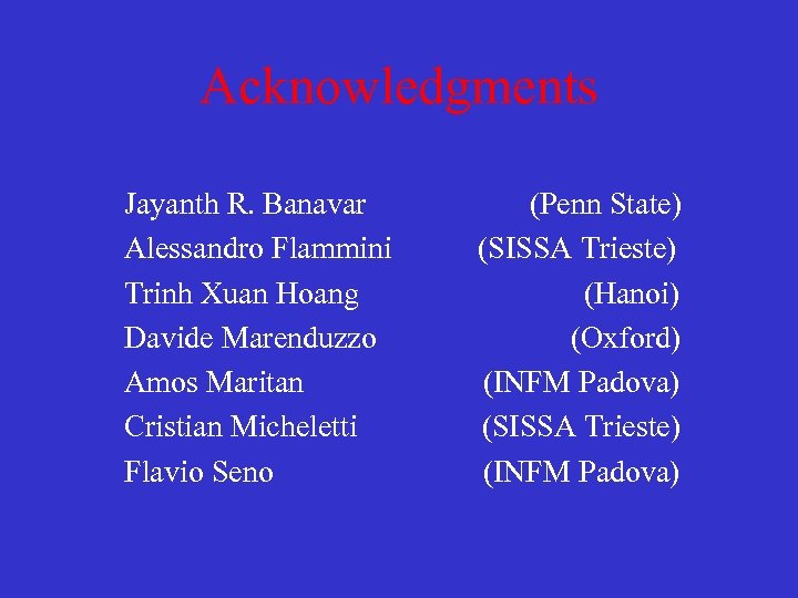 Acknowledgments Jayanth R. Banavar Alessandro Flammini Trinh Xuan Hoang Davide Marenduzzo Amos Maritan Cristian