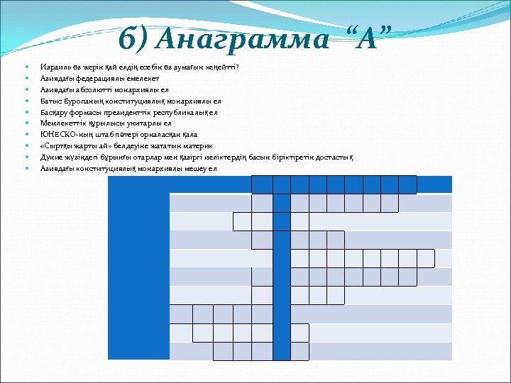 б) Анаграмма “А” Израиль өз жерін қай елдің есебін өз аумағын кеңейтті? Азиядағы федерациялы