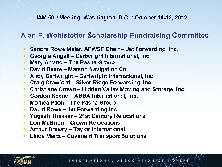  IAM 50 th Meeting: Washington, D. C. * October 10 -13, 2012 Alan