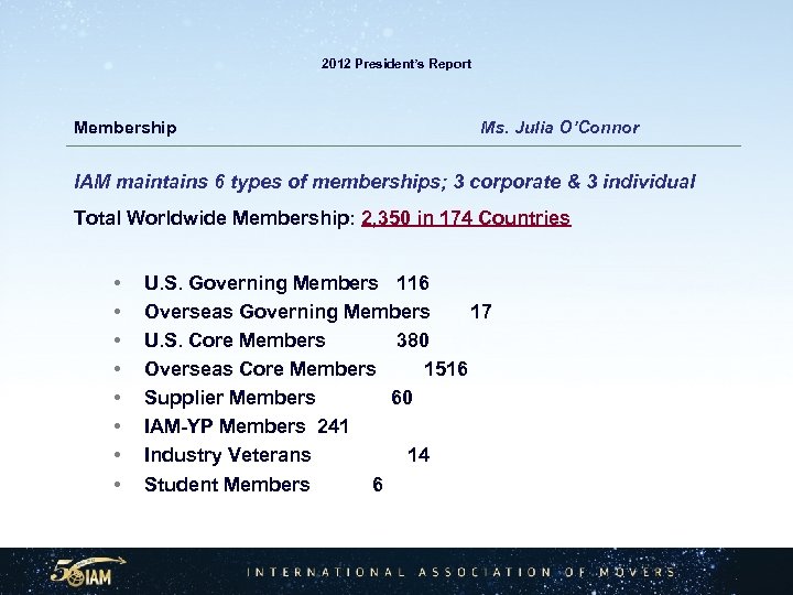 2012 President’s Report Membership Ms. Julia O’Connor IAM maintains 6 types of memberships; 3
