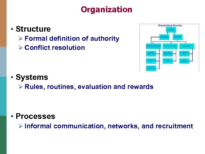 Organization • Structure Ø Formal definition of authority Ø Conflict resolution • Systems Ø