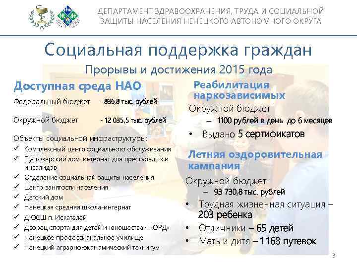 ДЕПАРТАМЕНТ ЗДРАВООХРАНЕНИЯ, ТРУДА И СОЦИАЛЬНОЙ ЗАЩИТЫ НАСЕЛЕНИЯ НЕНЕЦКОГО АВТОНОМНОГО ОКРУГА Социальная поддержка граждан Прорывы