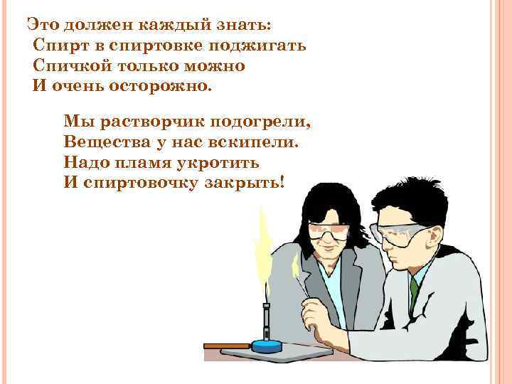 Это должен каждый знать: Спирт в спиртовке поджигать Спичкой только можно И очень осторожно.