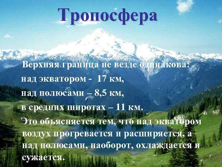 Тропосфера Верхняя граница не везде одинакова: над экватором - 17 км, над полюсами –