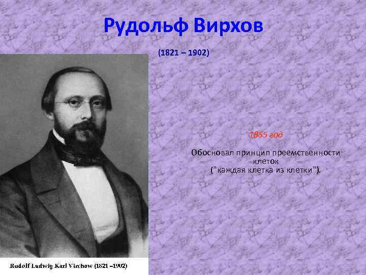 Рудольф Вирхов (1821 – 1902) 1855 год Обосновал принцип преемственности клеток (