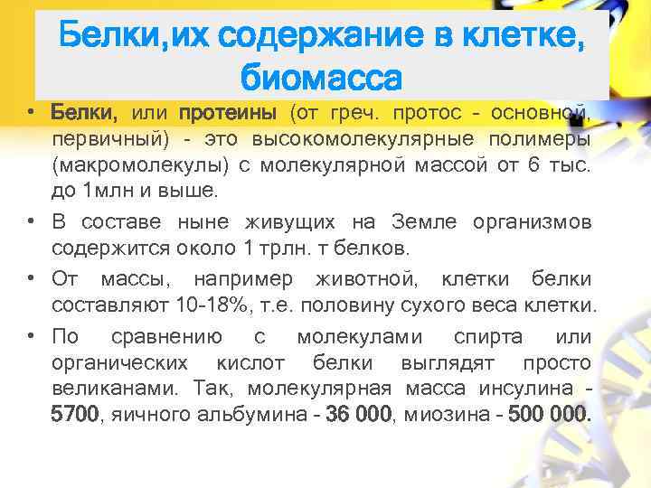 Белки, их содержание в клетке, биомасса • Белки, или протеины (от греч. протос –