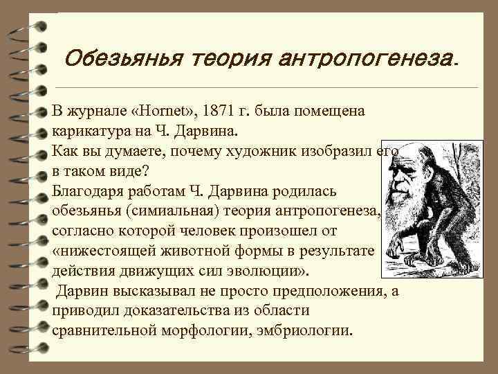 Обезьянья теория антропогенеза. В журнале «Hornet» , 1871 г. была помещена карикатура на Ч.