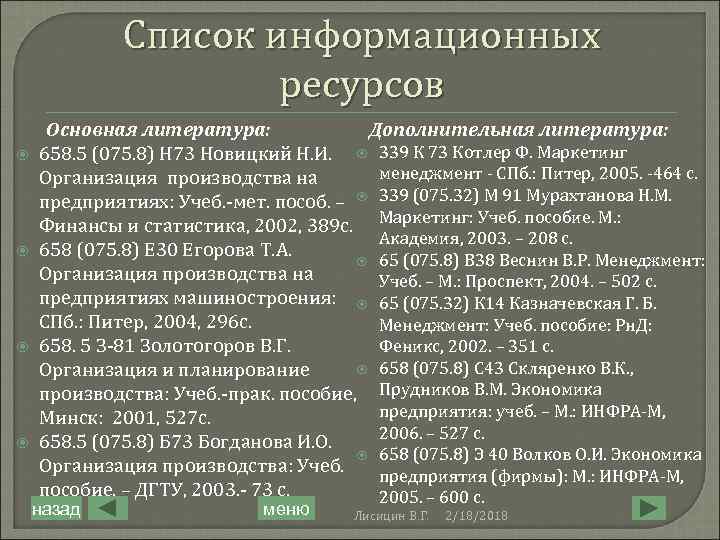 Список информационных ресурсов Основная литература: Дополнительная литература: 658. 5 (075. 8) Н 73 Новицкий