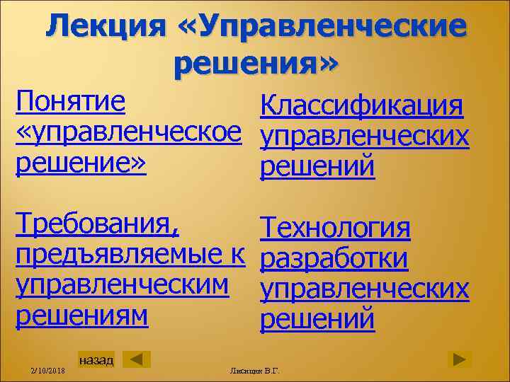 Лекция «Управленческие решения» Понятие Классификация «управленческое управленческих решение» решений Требования, предъявляемые к управленческим решениям