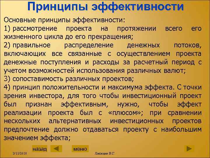 Принципы эффективности Основные принципы эффективности: 1) рассмотрение проекта на протяжении всего жизненного цикла до