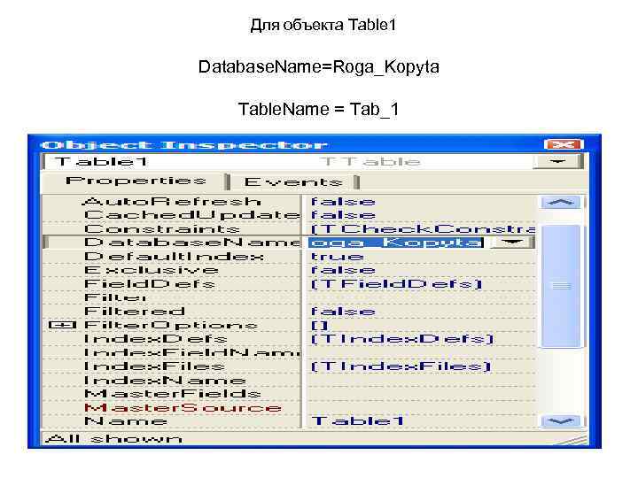 Для объекта Table 1 Database. Name=Roga_Kopyta Table. Name = Tab_1 
