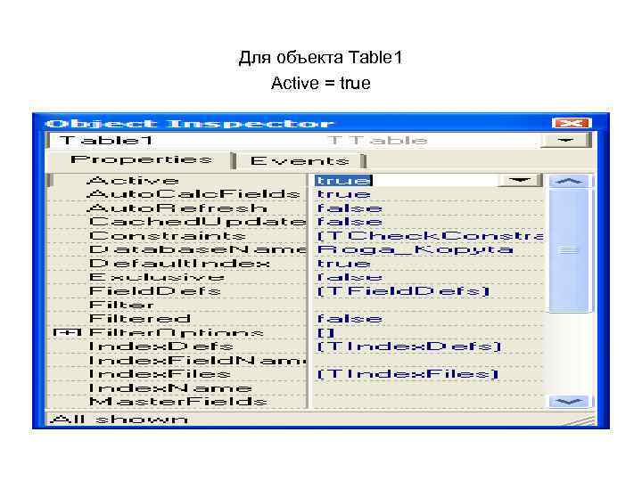 Для объекта Table 1 Active = true 