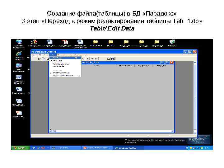 Создание файла(таблицы) в БД «Парадокс» 3 этап «Переход в режим редактирования таблицы Tab_1. db»