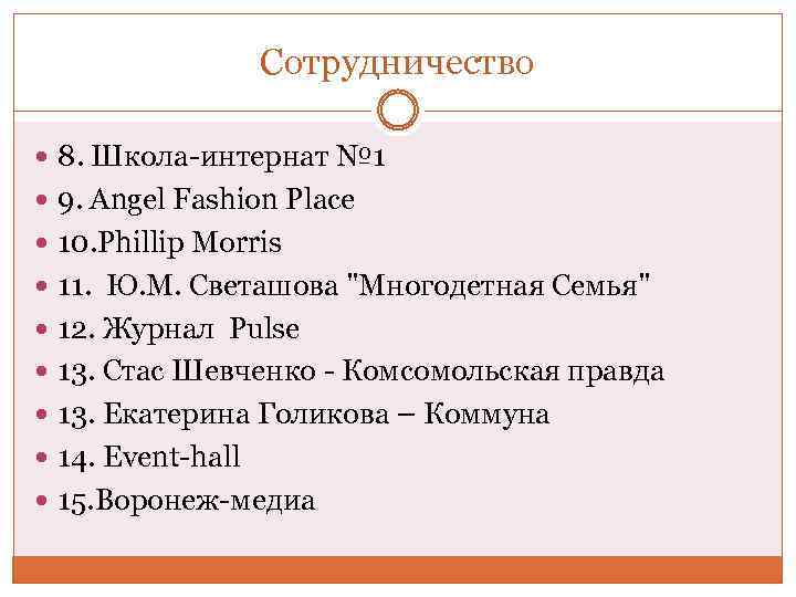 Сотрудничество 8. Школа-интернат № 1 9. Angel Fashion Place 10. Phillip Morris 11. Ю.