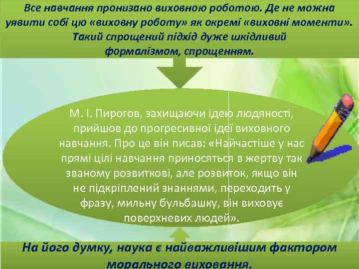 Все навчання пронизано виховною роботою. Де не можна уявити собі цю «виховну роботу» як