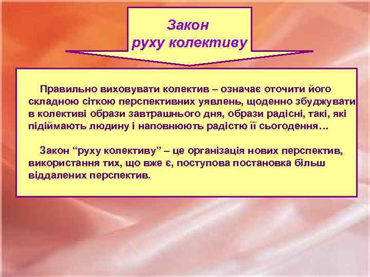 Закон руху колективу Правильно виховувати колектив – означає оточити його складною сіткою перспективних уявлень,