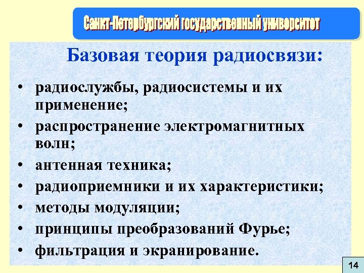 Базовая теория радиосвязи: • радиослужбы, радиосистемы и их применение; • распространение электромагнитных волн; •