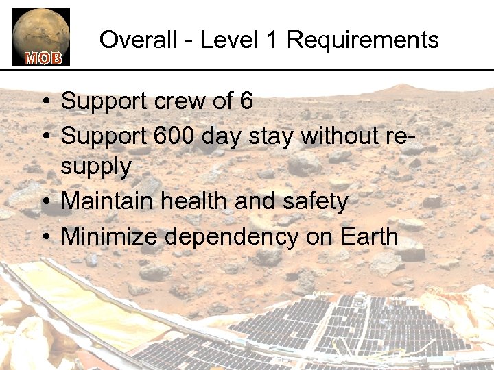 Overall - Level 1 Requirements • Support crew of 6 • Support 600 day