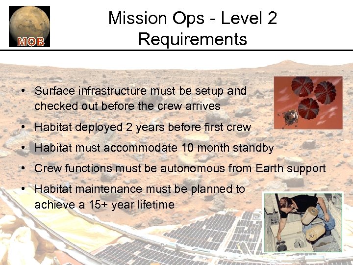 Mission Ops - Level 2 Requirements • Surface infrastructure must be setup and checked