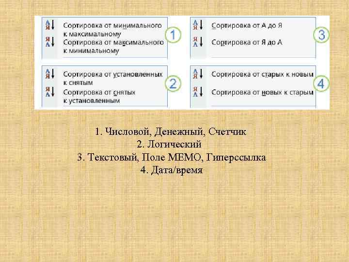 1. Числовой, Денежный, Счетчик 2. Логический 3. Текстовый, Поле MEMO, Гиперссылка 4. Дата/время 