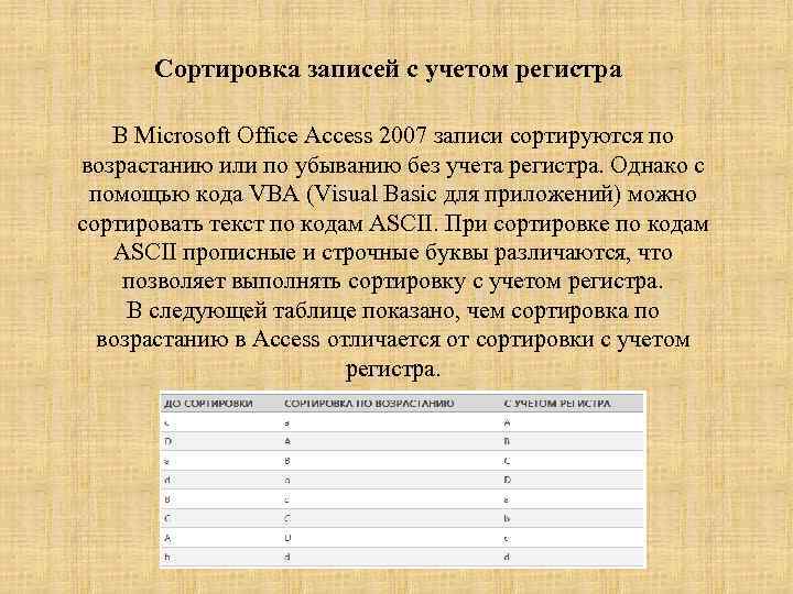 Сортировка записей с учетом регистра В Microsoft Office Access 2007 записи сортируются по возрастанию