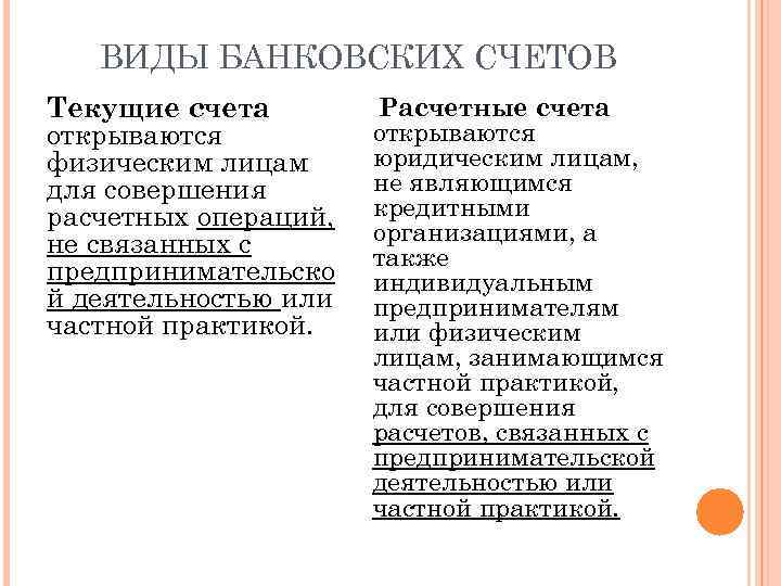 ВИДЫ БАНКОВСКИХ СЧЕТОВ Текущие счета открываются физическим лицам для совершения расчетных операций, не связанных