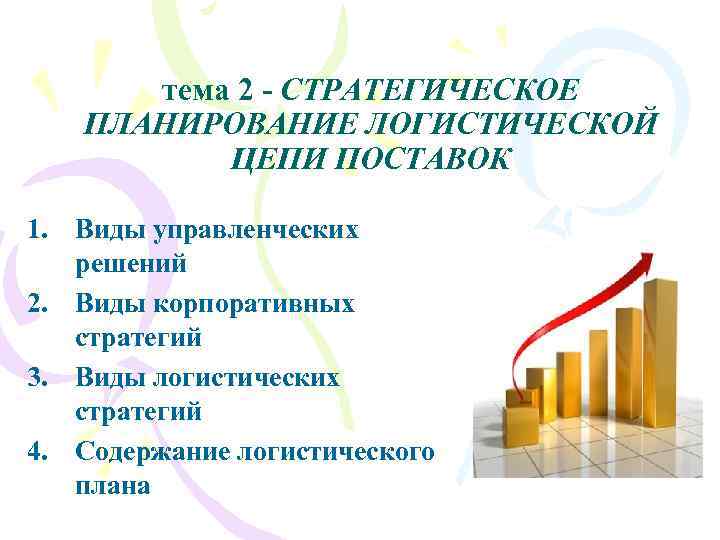 тема 2 - СТРАТЕГИЧЕСКОЕ ПЛАНИРОВАНИЕ ЛОГИСТИЧЕСКОЙ ЦЕПИ ПОСТАВОК 1. Виды управленческих решений 2. Виды