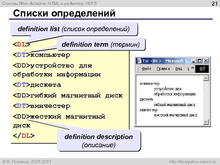 Основы Web-дизайна: HTML и редактор HEFS 21 Списки определений definition list (список определений) <DL>