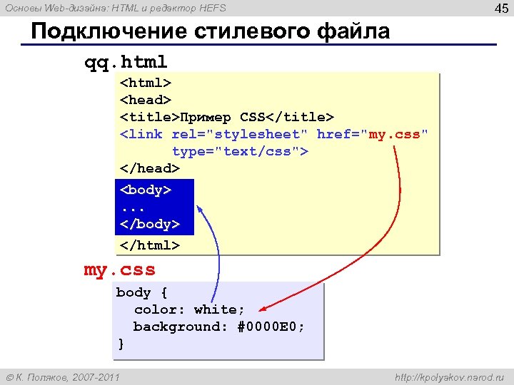 45 Основы Web-дизайна: HTML и редактор HEFS Подключение стилевого файла qq. html <html> <head>