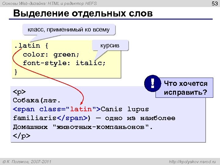 53 Основы Web-дизайна: HTML и редактор HEFS Выделение отдельных слов класс, применимый ко всему