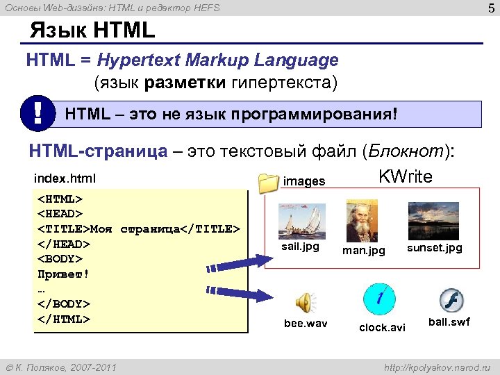 5 Основы Web-дизайна: HTML и редактор HEFS Язык HTML = Hypertext Markup Language (язык