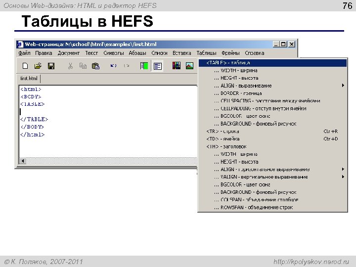 Основы Web-дизайна: HTML и редактор HEFS 76 Таблицы в HEFS К. Поляков, 2007 -2011