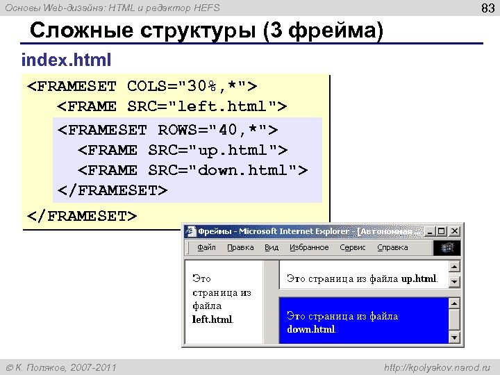 Основы Web-дизайна: HTML и редактор HEFS 83 Сложные структуры (3 фрейма) index. html <FRAMESET