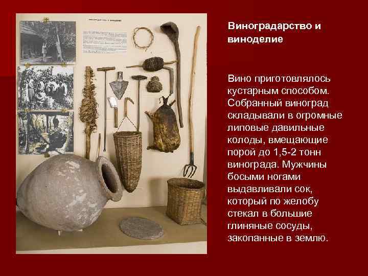 Виноградарство и виноделие Вино приготовлялось кустарным способом. Собранный виноград складывали в огромные липовые давильные