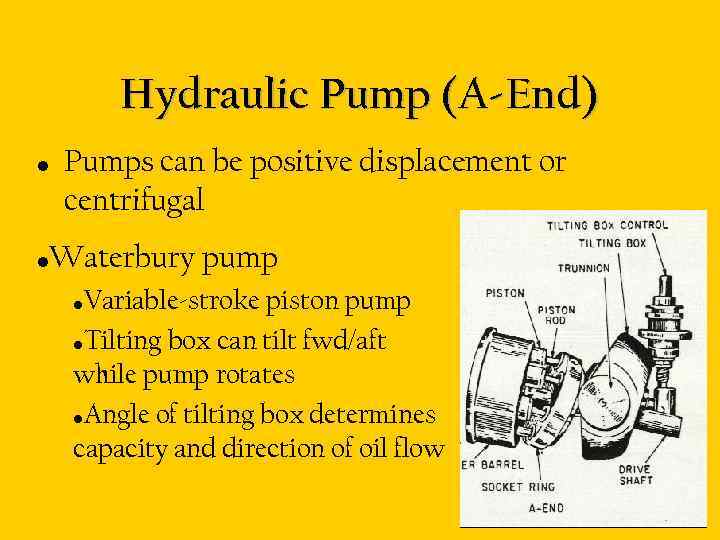 Hydraulic Pump (A-End) • • Pumps can be positive displacement or centrifugal Waterbury pump