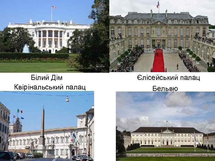 Білий Дім Квірінальський палац Єлісейський палац Бельвю 