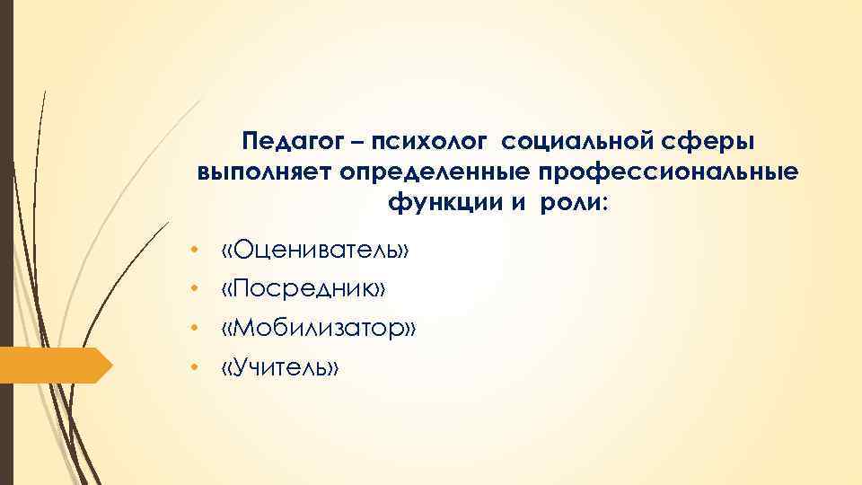 Педагог – психолог социальной сферы выполняет определенные профессиональные функции и роли: • «Оцениватель» •