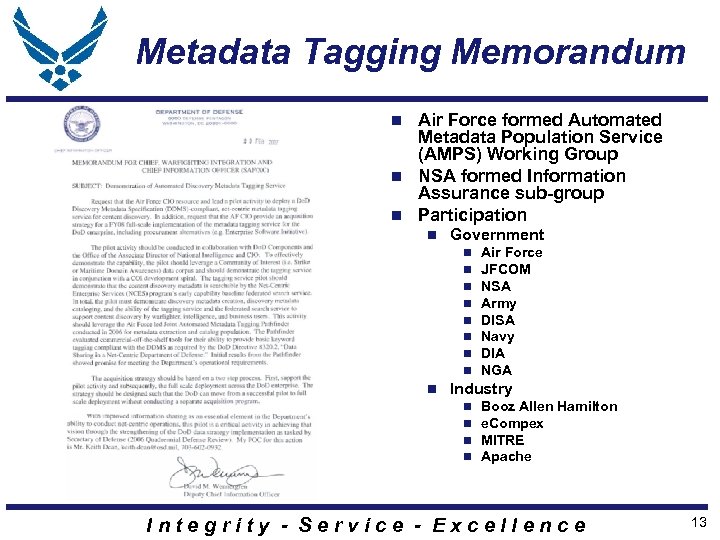 Metadata Tagging Memorandum Air Force formed Automated Metadata Population Service (AMPS) Working Group n