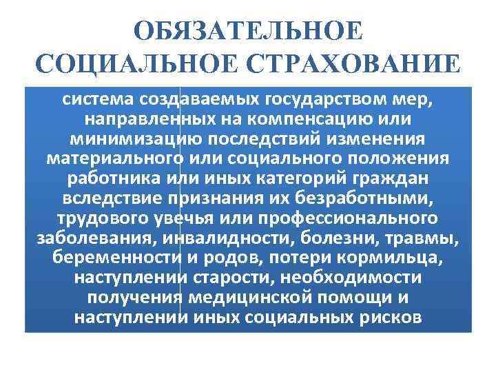 ОБЯЗАТЕЛЬНОЕ СОЦИАЛЬНОЕ СТРАХОВАНИЕ система создаваемых государством мер, направленных на компенсацию или минимизацию последствий изменения