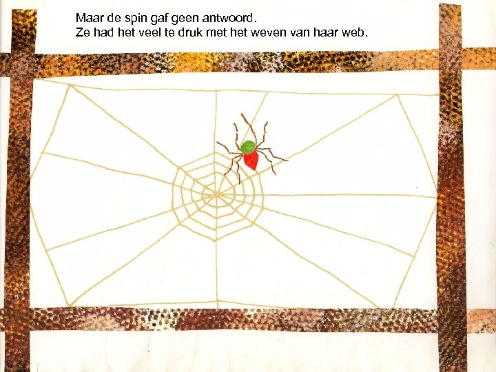 Maar de spin gaf geen antwoord. Ze had het veel te druk met het