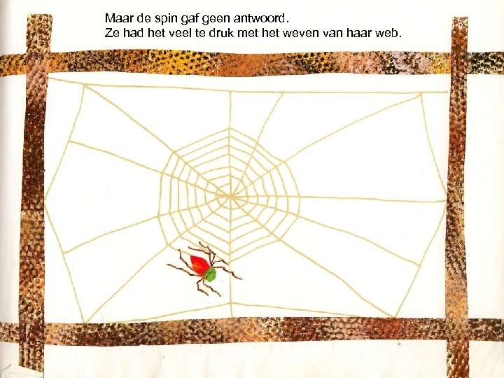 Maar de spin gaf geen antwoord. Ze had het veel te druk met het