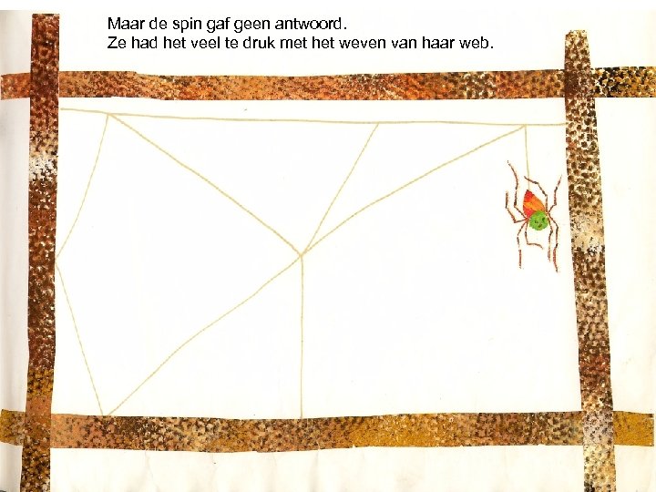 Maar de spin gaf geen antwoord. Ze had het veel te druk met het