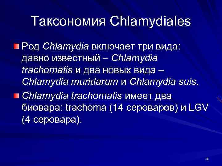 Таксономия Chlamydiales Род Chlamydia включает три вида: давно известный – Chlamydia trachomatis и два