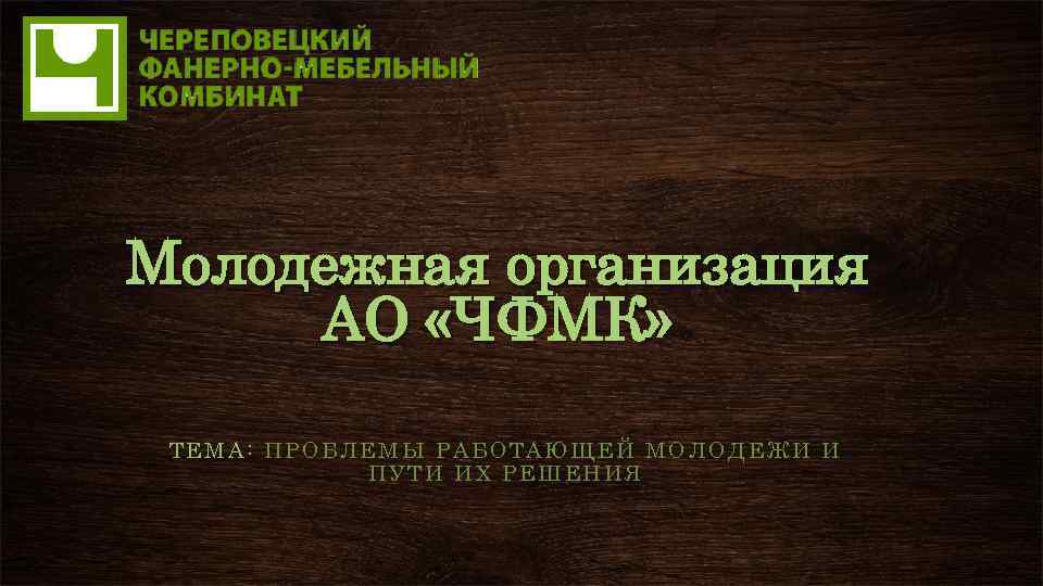 Молодежная организация АО «ЧФМК» ТЕМА: ПРОБЛЕМЫ РАБОТАЮЩЕЙ МОЛОДЕЖИ И ПУТИ ИХ РЕШЕНИЯ 