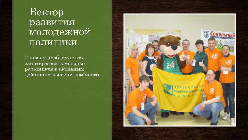 Вектор развития молодежной политики Главная проблема - это заинтересовать молодых работников к активным действиям
